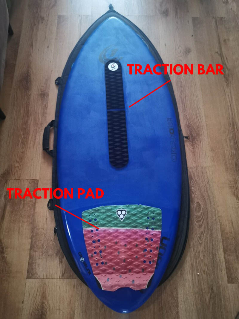 skimboard traction pad and traction bar placement